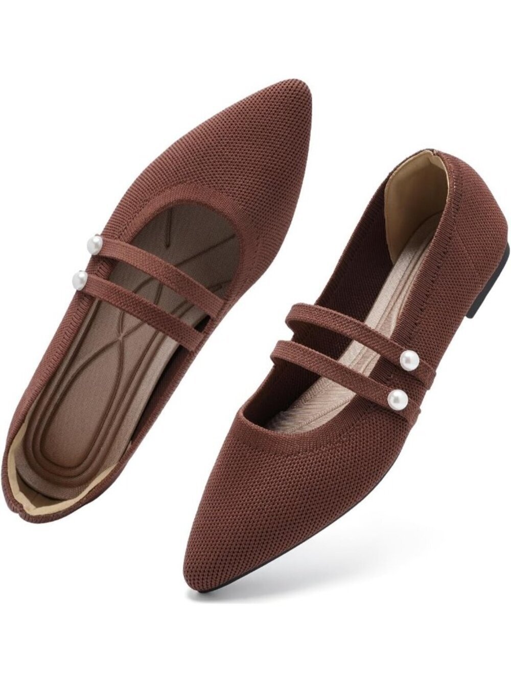 Women's Coffee Rubber Knit Pointed Toe Double Strap Ballet Flat Breathable Shoes